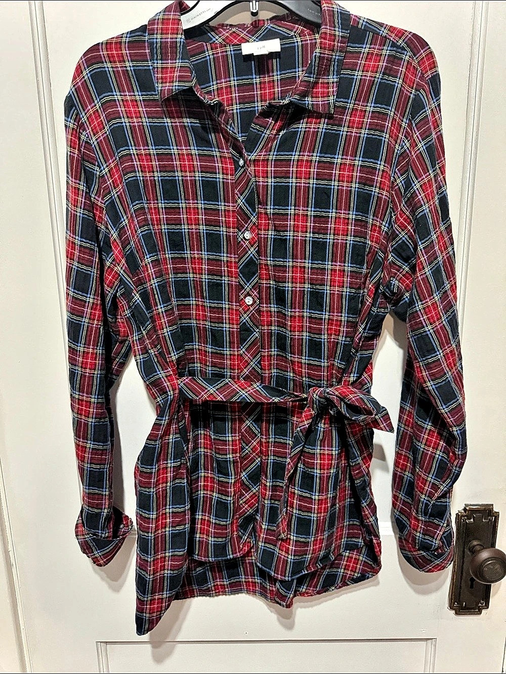 J. Jill Plaid Patchwork Tunic Button Down Red & Black Large